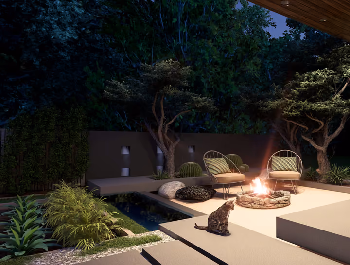 An evening garden seating area arranged around a fire feature. Architectural render supplied in the project source folder; it illustrates the proposed design.