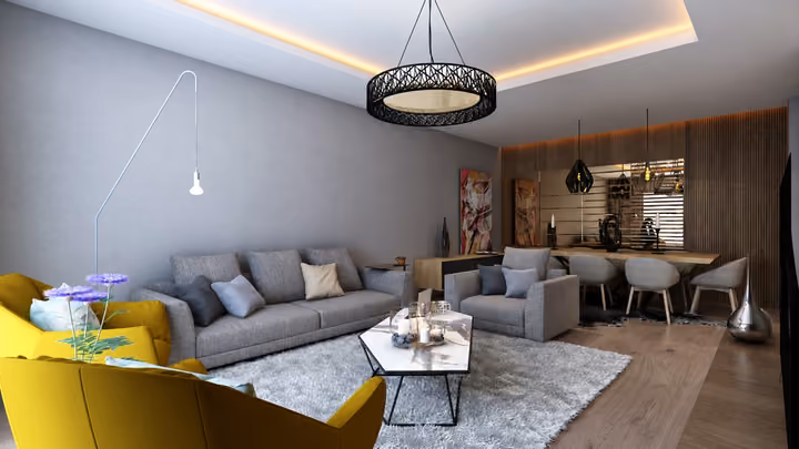 Interior rendering of an open living and dining space with sofas, accent chairs and pendant lights.