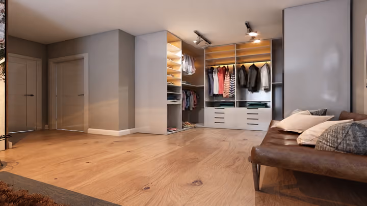 Interior rendering showing a bedroom with an open wardrobe and dressing area.