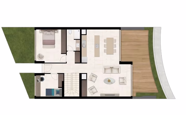 Developer catalogue illustration of the main level of a four-bedroom duplex. Availability must be confirmed.