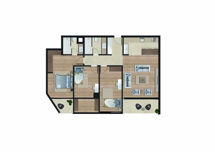Original catalogue floor-plan illustration for a 3-bedroom apartment with two bathrooms, 105.32 square metres net and 113.00 square metres gross area. Some layouts also have a separate guest WC.