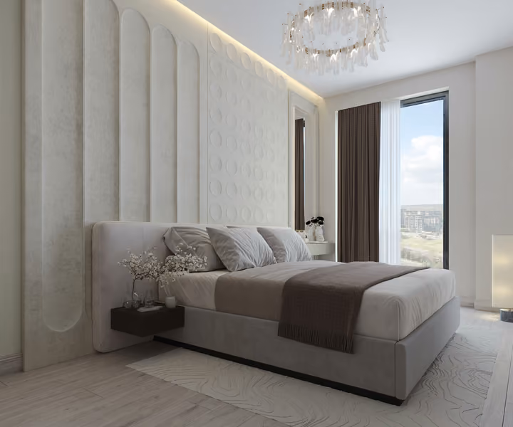 Bedroom with a double bed, an upholstered headboard and large windows.