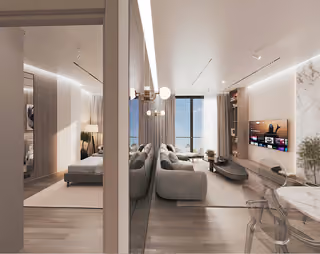 Interior rendering of the apartment living room with seating and a window.