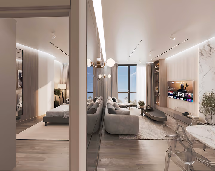 Interior rendering of the apartment living room with seating and a window.
