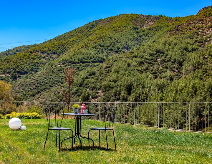 Garden seating with views across the wooded valley.