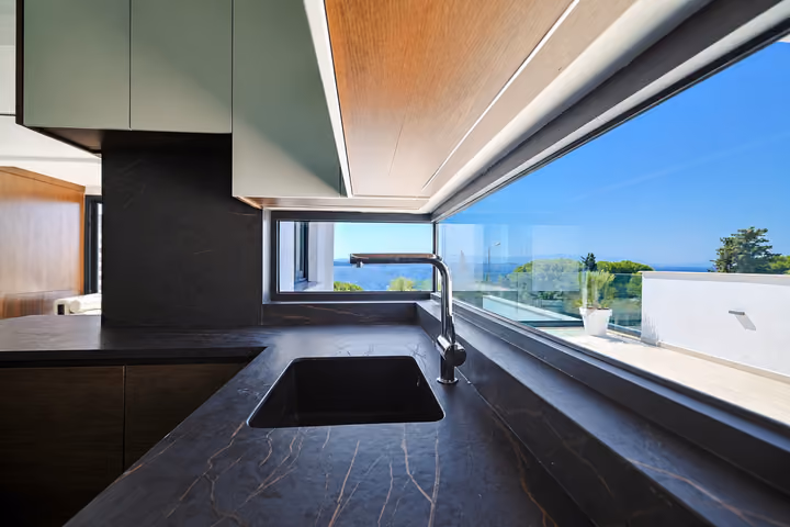 Kitchen Sink Panoramic Window at the detached villa in Ardıç, Çeşme.