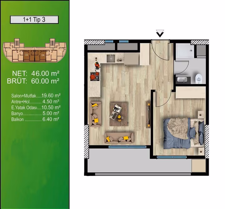One-bedroom Type 3 plan showing 60 square meters gross, one full bathroom and a 6.40 square meter balcony