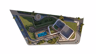 Developer site-plan illustration showing the building footprint, shared pool and access routes.