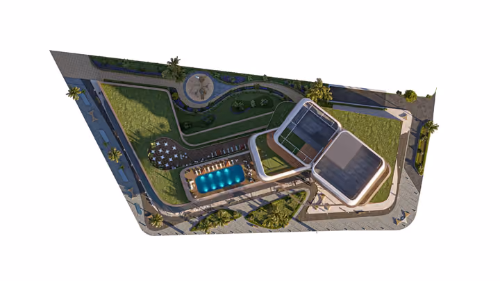 Developer site-plan illustration showing the building footprint, shared pool and access routes.