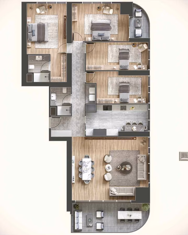 Developer floor-plan illustration of a four-bedroom apartment with separate living and kitchen spaces.