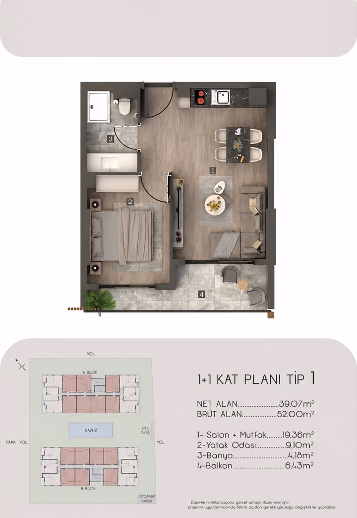 Type 1 plan showing one bedroom, one bathroom, living room with kitchen and balcony; 52 square metres gross and 39.07 square metres net.