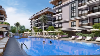 Architectural rendering of an outdoor pool with sun loungers between residential blocks