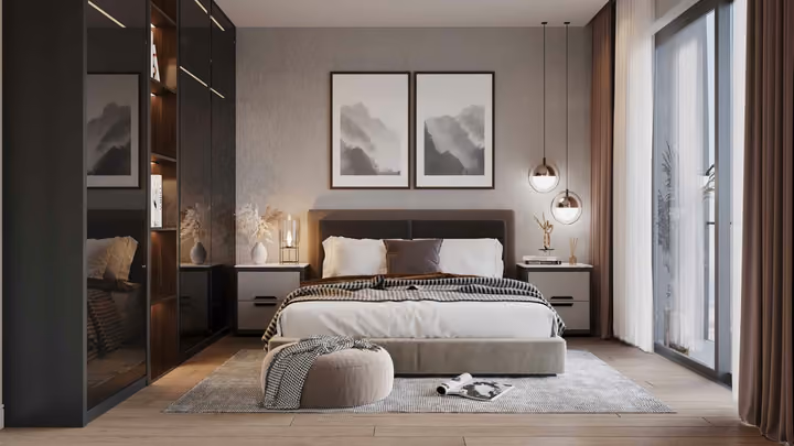 Developer interior visualization of a double bedroom with a wardrobe and bedside tables.
