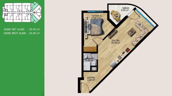 Offered one-bedroom plan showing 65 square meters gross, one full bathroom and a 6.05 square meter balcony