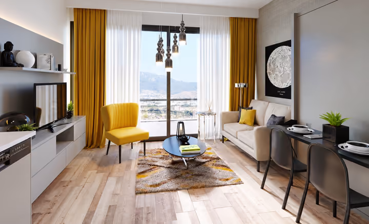 Architectural rendering of studio apartment living area.