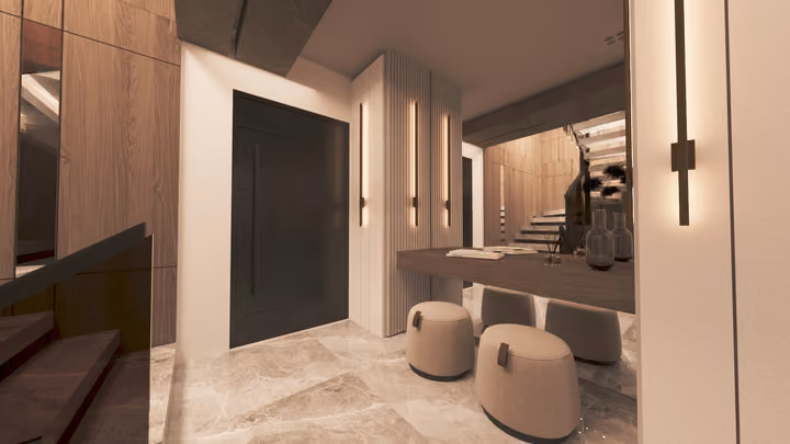 An entrance hall with a console table, stools, wall lighting and a staircase. Architectural render supplied in the project source folder; it illustrates the proposed design.