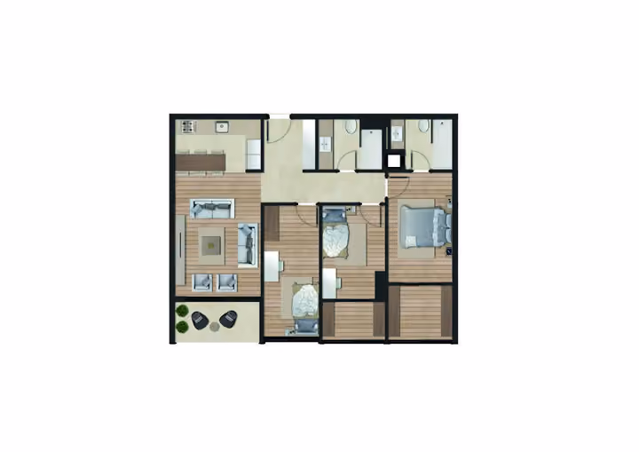 Original catalogue floor-plan illustration for a 3-bedroom apartment with two bathrooms, 90.43 square metres net and 100.00 square metres gross area. Some layouts also have a separate guest WC.