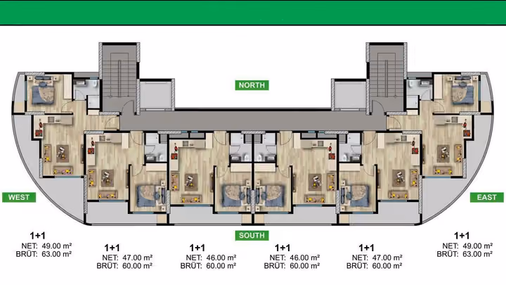General floor layout with 60 and 63 square meter gross types; only the matched 60 square meter offer is included