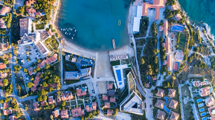 Overhead view of the pools and bay.