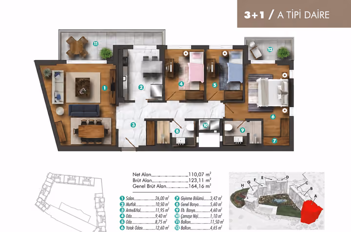 Apartment plan showing 3 bedrooms and 2 bathrooms; 123.11 square metres gross and 110.07 square metres net. General gross area is separately labelled in the drawing.