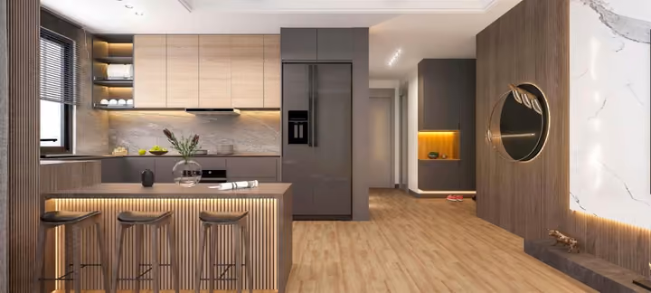 Interior visualisation of the open kitchen and living space.