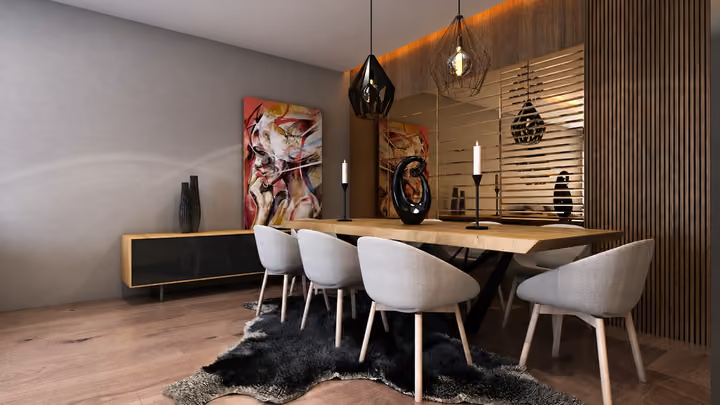 Interior rendering of a dining table with upholstered chairs, artwork and pendant lights.
