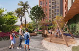 Architectural rendering of a residential playground and planted courtyard in Topkapi