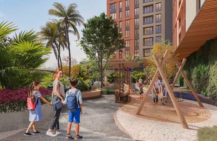 Architectural rendering of a residential playground and planted courtyard in Topkapi