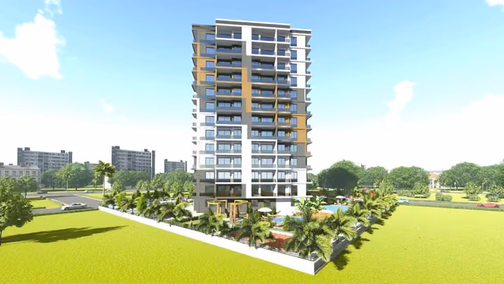 Architectural visualisation of the residential tower and gardens in Tomuk.