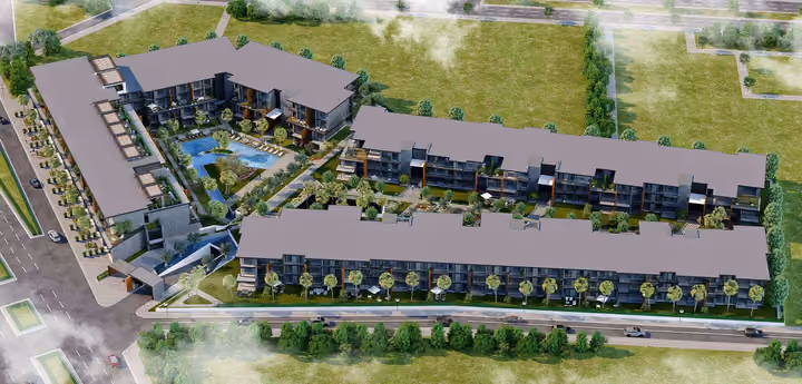 Architectural rendering of aerial overview of the complete residential layout in Gaziemir, Izmir.