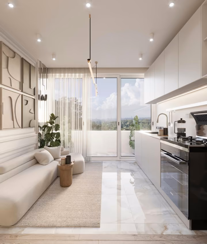 Interior visualisation of an open kitchen and living space.