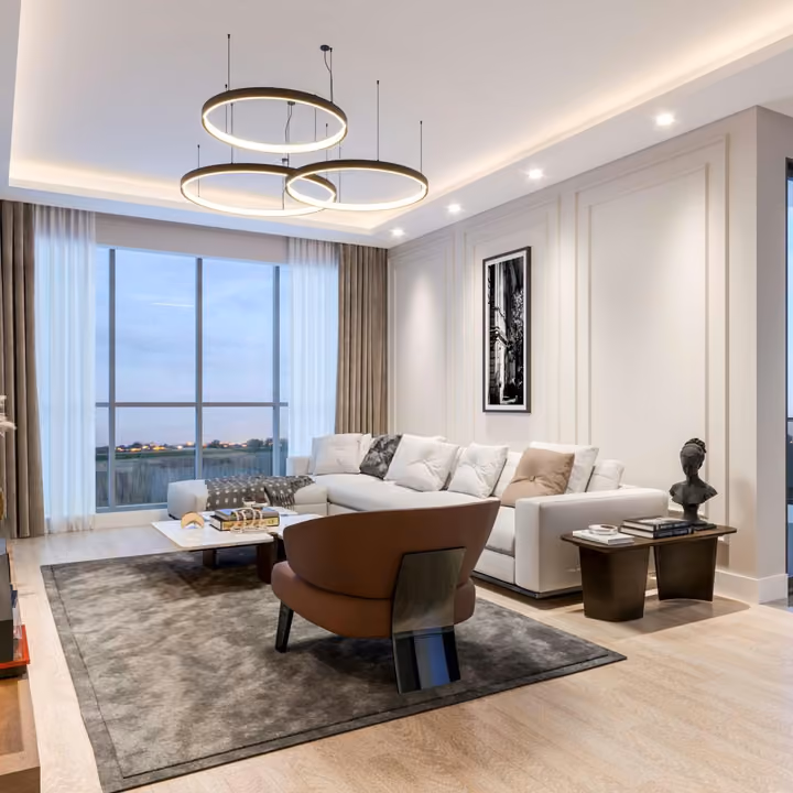 Representative living-room rendering with broad glazing