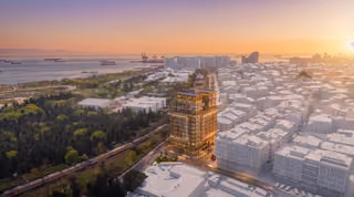 Architectural aerial rendering showing the apartment building, surrounding streets and the Marmara coastline in Zeytinburnu.