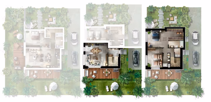 A rendered plan highlighting the living level and upper bedroom level of a 2 bedroom Type A townhouse. The highlighted areas are preserved exactly as supplied.