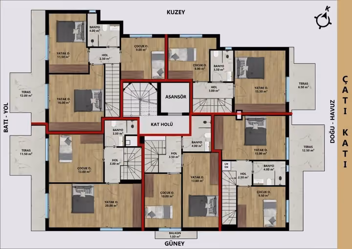 Roof-level plan showing the upper bedrooms and bathroom of duplex apartment 24.