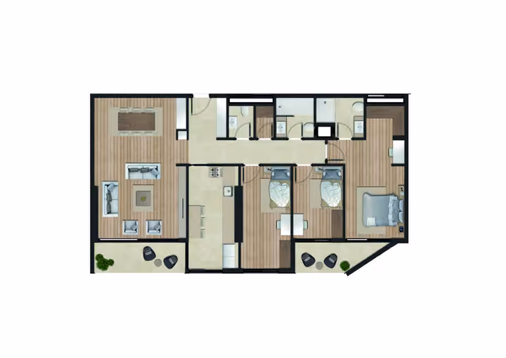 Original catalogue floor-plan illustration for a 3-bedroom apartment with two bathrooms, 123.37 square metres net and 139.00 square metres gross area. Some layouts also have a separate guest WC.