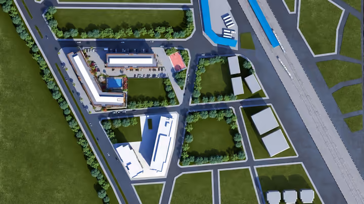 Architectural rendering showing the arrangement of residential buildings, central pool and surrounding roads.