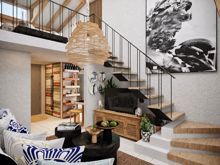 Architectural rendering of loft living room with open staircase and mezzanine in Alacati, Cesme.