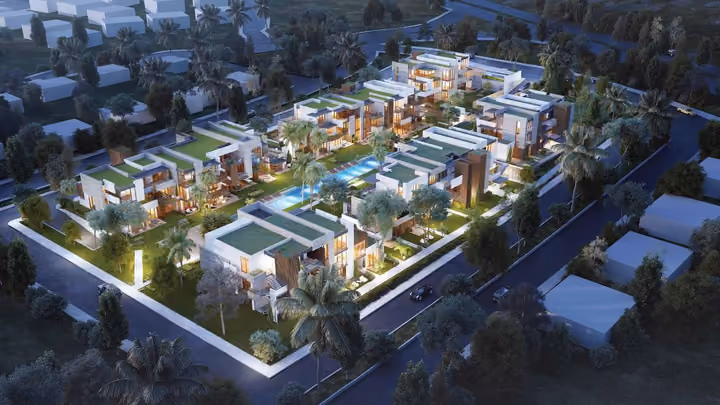 Illustrative aerial view of the residential site at dusk in Boyalik, Cesme.
