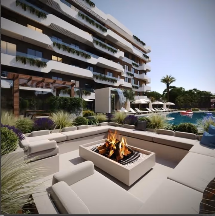 Architectural visualisation of an outdoor seating area arranged around a fire pit.
