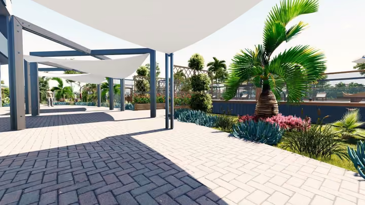 Rendering of covered outdoor seating and landscaped surroundings