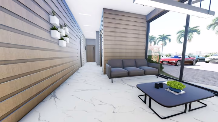 Rendering of shared seating beside glazed windows