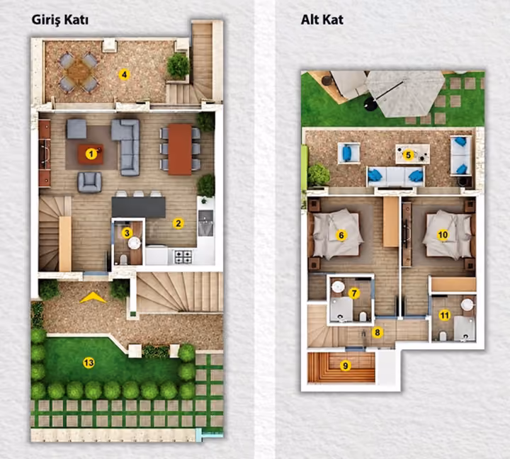 Illustrative floor plan showing two-level residence layout with garden. Catalogue configuration only; not confirmation of a currently available unit.