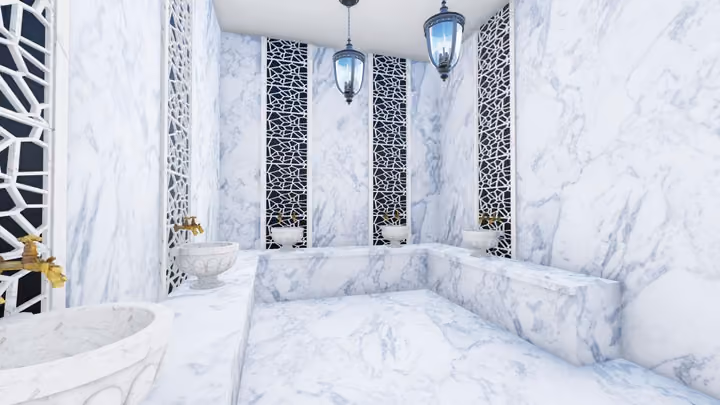 Rendering of marble surfaces and basins in the Turkish bath