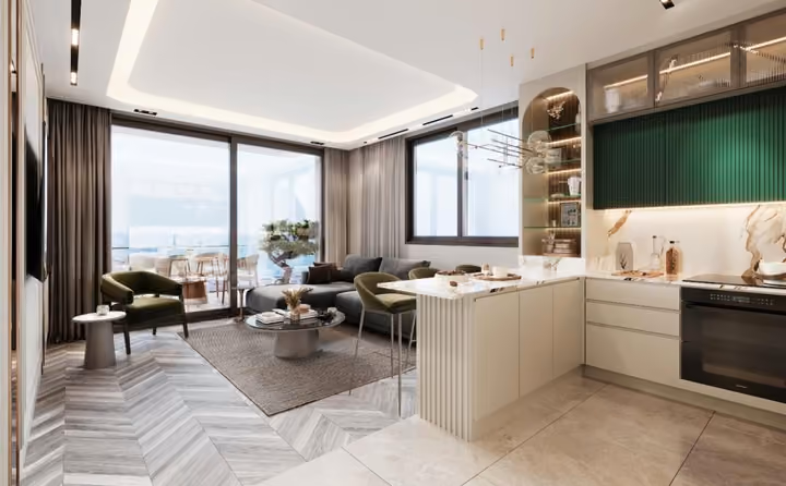 Interior visualisation of an open kitchen and living room.