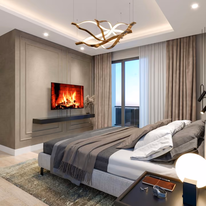Representative bedroom rendering with decorative wall features