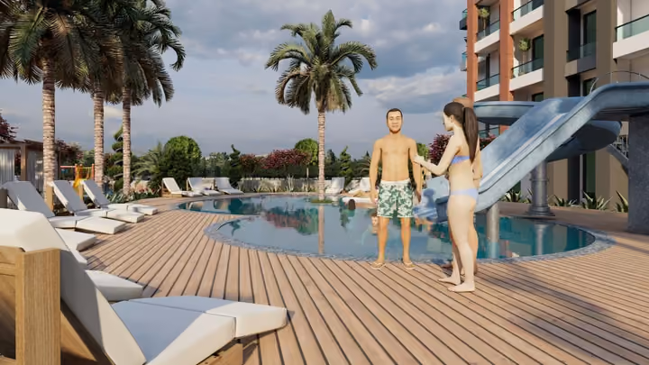 Architectural visualisation of the shared pool and water slides.