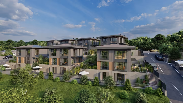 A group of multilevel villas above a green landscaped slope. Architectural render supplied in the project source folder; it illustrates the proposed design.