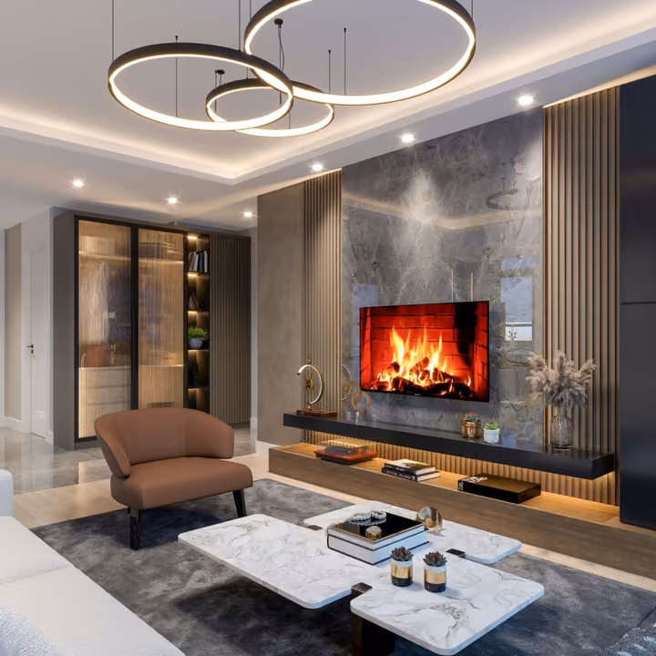 Representative living-room interior rendering; furnishings are illustrative