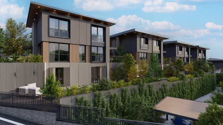 A row of multilevel villas with garden boundaries and broad windows. Architectural render supplied in the project source folder; it illustrates the proposed design.
